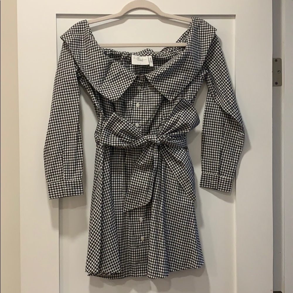 Tie-Waist Plaid Off-Shoulder Long Sleeve Dress